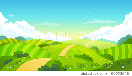 Colorful summer bright fields landscape, green grass, clear blue sky Colorful summer bright fields landscape, green grass, clear blue sky 66953646