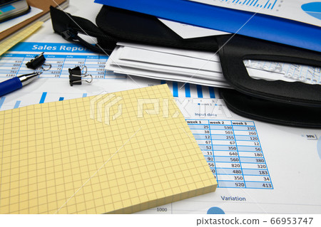 business office desk closeup - financial reports, 66953747