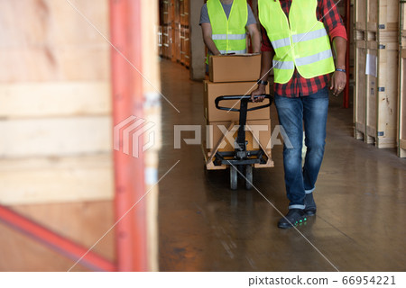 two worker mens pull handling with packing pastel 66954221