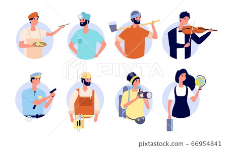 Professional avatars. Different profession people with work tools and equipment. Woman man teacher, doctor builder policeman vector set Professional avatars. Different profession people with work tools and equipment. Woman man teacher, doctor builder policeman vector set 66954841