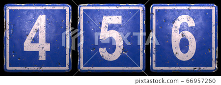Set of public road sign in blue color with a white numbers 4, 5, 6 in the center isolated black background. 3d Set of public road sign in blue color with a white numbers 4, 5, 6 in the center isolated black background. 3d 66957260