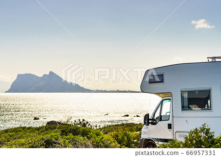 Caravan on spanish coast, Gibraltar rock on 66957331