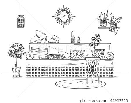 Sketch a cozy living room in boho style. 66957723