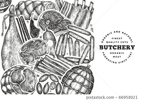 Vintage vector meat products design template. Hand 66958021