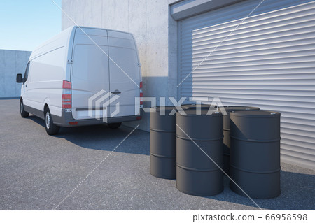 delivery van with a barrels near warehouse, 3d delivery van with a barrels near warehouse, 3d 66958598