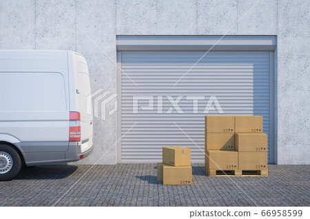 delivery van with a paper boxes near warehouse, 3d delivery van with a paper boxes near warehouse, 3d 66958599