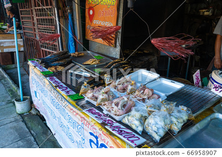 Fresh seafood on the counter at the fish market by Fresh seafood on the counter at the fish market by 66958907