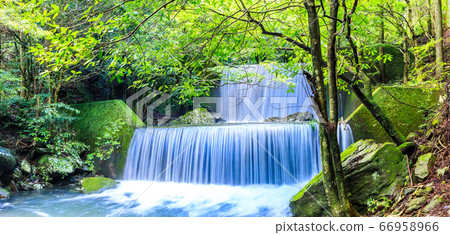 新鮮的綠色富川山谷，大山水壩和山stream曼能之森全景[長崎I早] 66958966