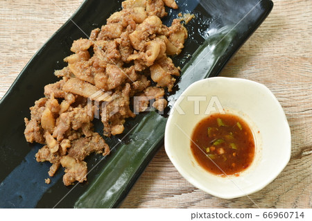 steamed slice pork with belly on plate dipping spicy sauce 66960714