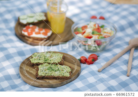 Picnic basket with healthy vegan sandwiches on blue checkered blanket in park. Fresh fruits, vegetables and orange juise. Vegan picnic concept Picnic basket with healthy vegan sandwiches on blue checkered blanket in park. Fresh fruits, vegetables and orange juise. Vegan picnic concept 66961572