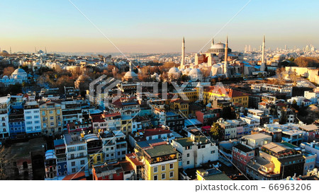 Evening aerial panorama of Istanbul overlooking Hagia Sophia. Evening aerial panorama of Istanbul overlooking Hagia Sophia. 66963206