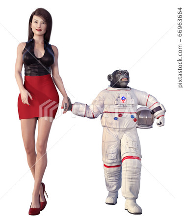 Young woman and chimpanzee in spacesuit with a transparent background Young woman and chimpanzee in spacesuit with a transparent background 66963664