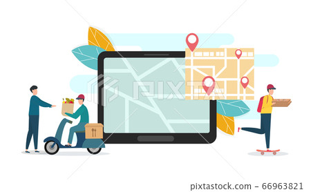 Delivery guys and map on digital tablet Delivery guys and map on digital tablet 66963821