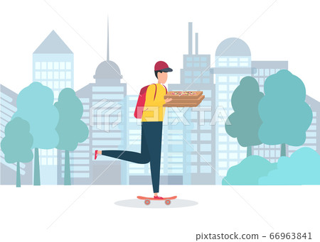 Pizza delivery guy riding skateboard over city background Pizza delivery guy riding skateboard over city background 66963841