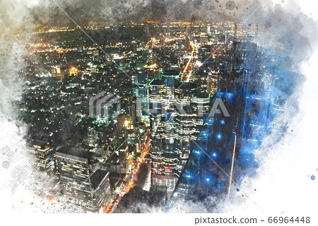 Abstract offices Building in the city on watercolor painting background. City on Digital illustration brush to art. Abstract offices Building in the city on watercolor painting background. City on Digital illustration brush to art. 66964448