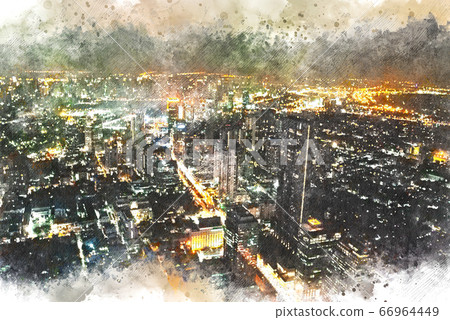 Abstract offices Building in the city on watercolor painting background. City on Digital illustration brush to art. Abstract offices Building in the city on watercolor painting background. City on Digital illustration brush to art. 66964449