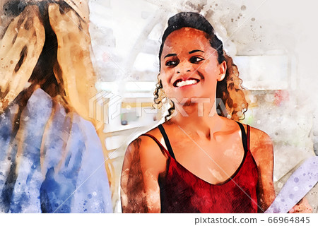 Abstract colorful two young business woman smile portrait and talking in breaking time on watercolor illustration painting background. 66964845