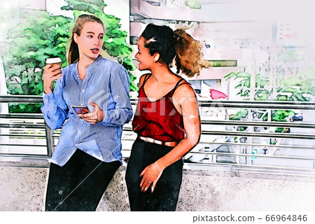 Abstract colorful two young business woman smile portrait and talking in breaking time on watercolor illustration painting background. 66964846