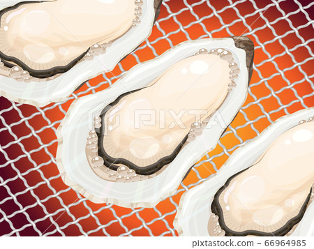 Background illustration of oysters grilled on the net _ Seafood grilled 66964985