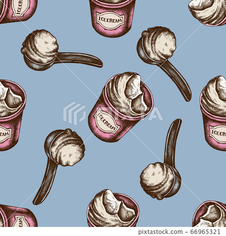 Seamless pattern with hand drawn colored ice cream bucket, ice cream scoop Seamless pattern with hand drawn colored ice cream bucket, ice cream scoop 66965321