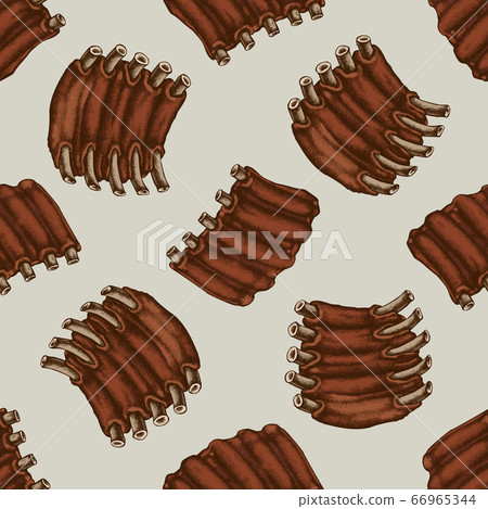 Seamless pattern with hand drawn colored Pork ribs Seamless pattern with hand drawn colored Pork ribs 66965344