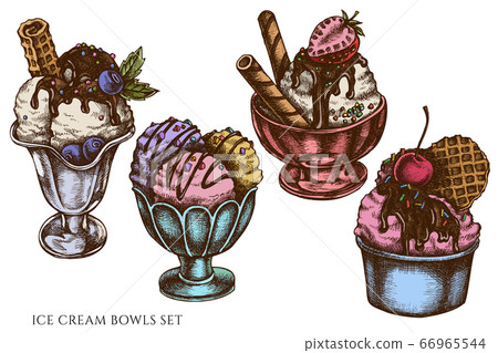 Vector set of hand drawn colored ice cream bowls Vector set of hand drawn colored ice cream bowls 66965544