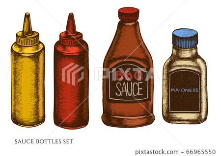 Vector set of hand drawn colored sauce bottles 66965550
