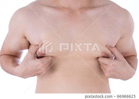 Close up man holding men boobs on white Close up man holding men boobs on white 66966625
