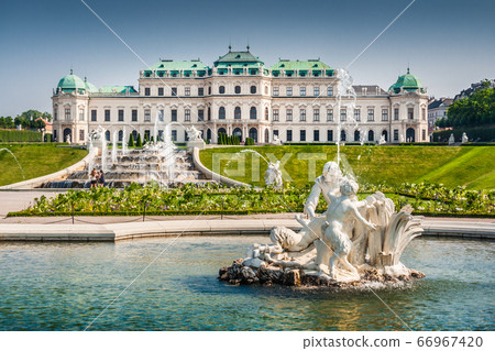 Beautiful view of famous Schloss Belvedere in Vienna, Austria Beautiful view of famous Schloss Belvedere in Vienna, Austria 66967420