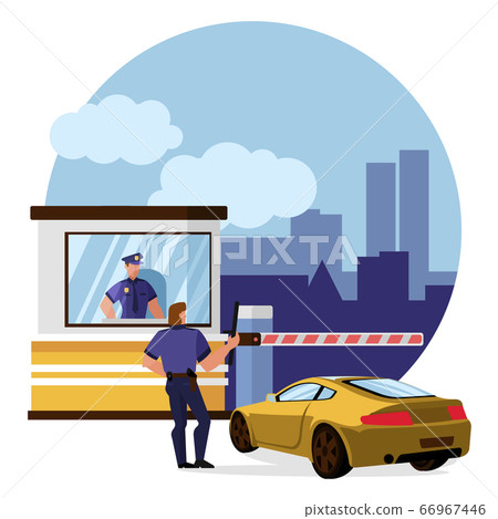 Cartoon Color Characters People and Protect Toll Booth Concept. Vector Cartoon Color Characters People and Protect Toll Booth Concept. Vector 66967446