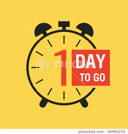 One day to go label, red flat with alarm clock, promotion icon, best deal symbol. One day to go label, red flat with alarm clock, promotion icon, best deal symbol. 66968259