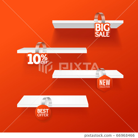 Realistic Detailed 3d White Blank Store Shelves with Sale Labels. Vector Realistic Detailed 3d White Blank Store Shelves with Sale Labels. Vector 66968466