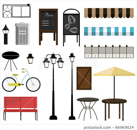 A set of vector items for street, Park or garden design. Bench, bicycles, fence, awnings, street lamps, garden furniture, trash cans, chimney, and signs for decorating a house, store, or building. A set of vector items for street, Park or garden design. Bench, bicycles, fence, awnings, street lamps, garden furniture, trash cans, chimney, and signs for decorating a house, store, or building. 66969024