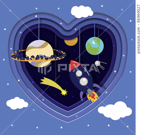 Space cut out of paper with planets, rocket and stars. Heart cut out of paper. Hung on strings paper satellite, Earth, Saturn, mercury, satellite and meteorite. Paper cartoon space with stars and Space cut out of paper with planets, rocket and stars. Heart cut out of paper. Hung on strings paper satellite, Earth, Saturn, mercury, satellite and meteorite. Paper cartoon space with stars and 66969027