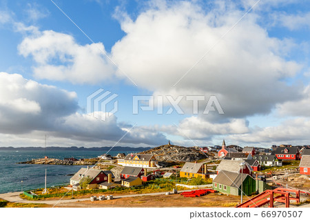 Nuuk city old harbor fjord panorama with clouds Nuuk city old harbor fjord panorama with clouds 66970507