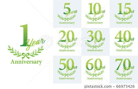 設置有月桂樹和月桂花環圖案的綠色週年紀念會徽標誌｜ 1至70週年 66973426
