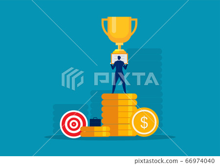 Happy super rich successful businessman on big coin concept vector Happy super rich successful businessman on big coin concept vector 66974040