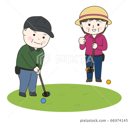 男人和女人享受公園高爾夫插圖 66974145