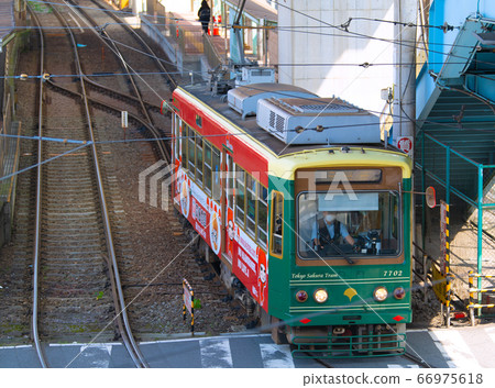 Tokyo cityscape in Japan, overlooking the Tokyo Sakura Tram (Toden Arakawa Line) in front of Oji Station 66975618