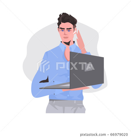 businessman holding laptop guy model in casual trendy clothes male cartoon character portrait 66979020