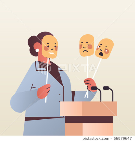 woman candidate politician covering face under masks with different emotions fake feeling election day 66979647