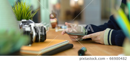 Female hands holding smartphone on wooden home 66980482