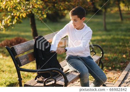 Handsome teenage boy take from his backpack powerbark for charging smarphone. Cute boy in the park in autumn time 66982842