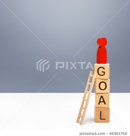 The red person climbed a tower of GOAL blocks. Developing strategy. Attracting investment and financial resources for a successful business startup. Using tools to solve problems, achieve success. 66983768