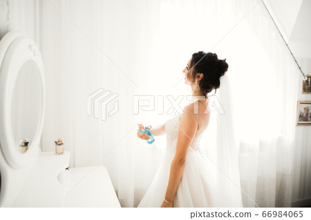 Gorgeous bride in robe posing and preparing for the wedding ceremony face in a room Gorgeous bride in robe posing and preparing for the wedding ceremony face in a room 66984065
