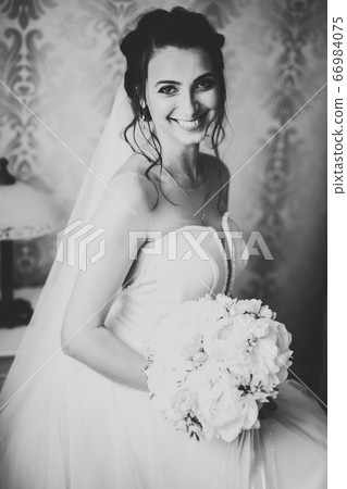 Gorgeous bride in robe posing and preparing for the wedding ceremony face in a room 66984075