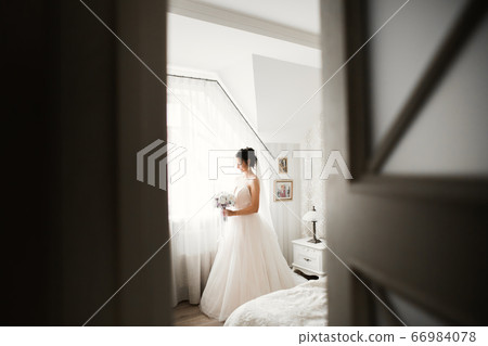 Gorgeous bride in robe posing and preparing for the wedding ceremony face in a room 66984078