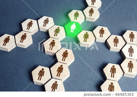 Green human figure is a connecting element of a network of people. A key essential element of the system. Leader and leadership skills. An irreplaceable valuable employee. Specialist and professional. 66985303