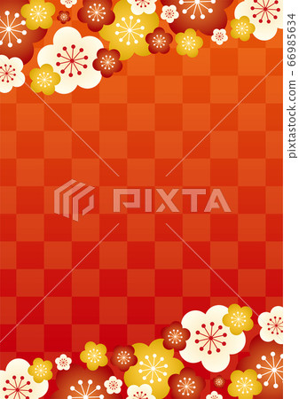 [New Year's card material] Ume and checkered background illustration red 66985634