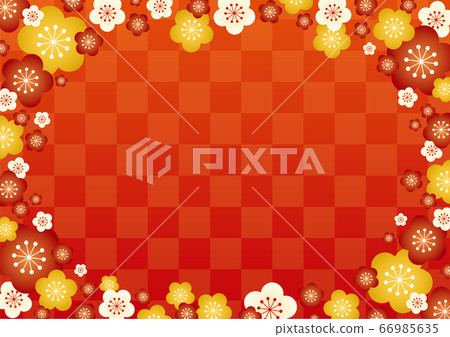 [New Year's card material] Ume and checkered background illustration red 66985635
